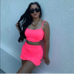 Hot pink skirt and tank top set ruched sides